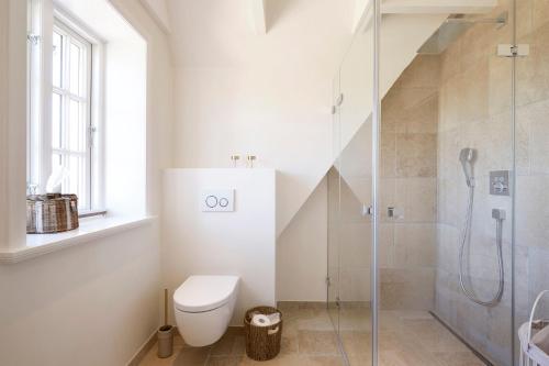 a bathroom with a toilet and a shower at Marschkajüte in Oldsum