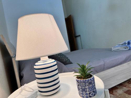 a lamp on a table with a potted plant at Pompeano House in Mazara del Vallo