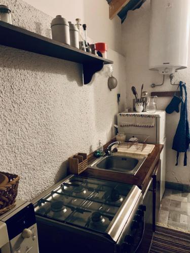 a kitchen with a stove top oven in a kitchen at Agriturismo Villa Carlotta in Szilvásvárad