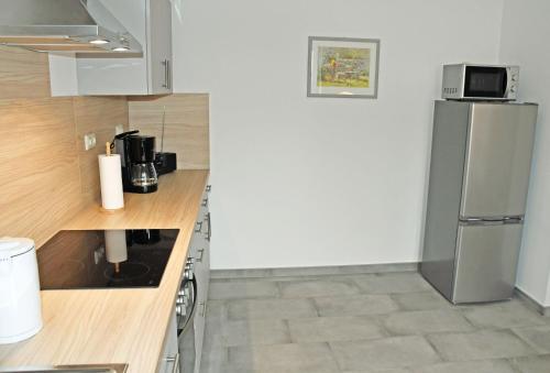 a kitchen with a refrigerator and a counter top at Ferienwohnungen Udars auf Rügen in Udars