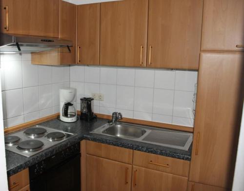 a kitchen with a sink and a counter top at Ferienwohnung - Orther Hafenblick in Orth
