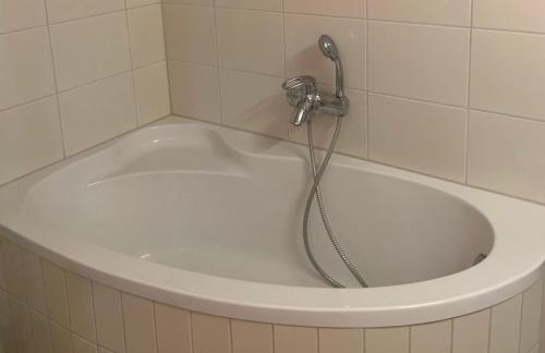 a shower in a bath tub with a shower head at Ferienhaus am Mühlenteich in Teterow