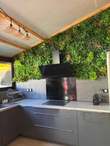 a kitchen with a wall covered in plants at Maison Blanche du Volcan - Avec piscine intérieure chauffée in Le Tampon