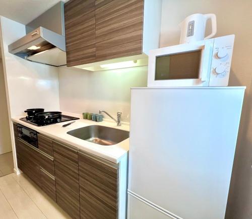 a kitchen with a sink and a microwave above a refrigerator at Shinjuku City Apt, 2DB , Free WiFi in Tokyo