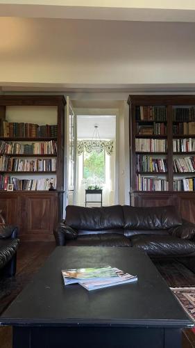 a living room with a leather couch and book shelves at Manoir majestueux à Satillieu avec piscine privée in Satillieu