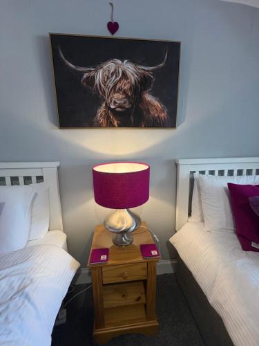 a bedroom with two beds and a lamp on a night stand at The Old Post House in Kyle of Lochalsh