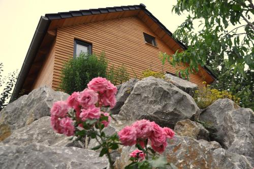 a pile of rocks and pink flowers in front of a house at Kellerwald Chalet in Schmittlotheim