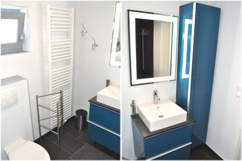 two pictures of a bathroom with a sink and a mirror at Haus Chalet 21 Ferienhaus in Haffkrug