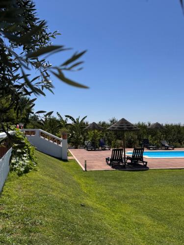 a view of a pool with chairs and an umbrella at Herdade Da Maridona - Agroturismo in Estremoz