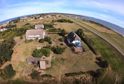 an aerial view of a house on a hill next to the ocean at Süderhaus Hiddensee App 4 in Neuendorf