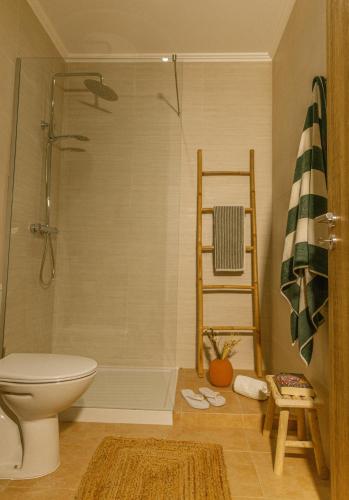 a bathroom with a shower and a toilet at Fly House Faro in FAO