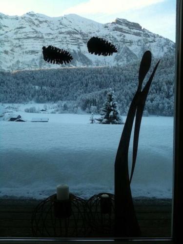 a window with a view of a snow covered mountain at Apartment Marialis in Bizau