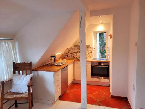 a small kitchen with a counter and a sink at Apartment Atelierhaus Wencke in Worpswede