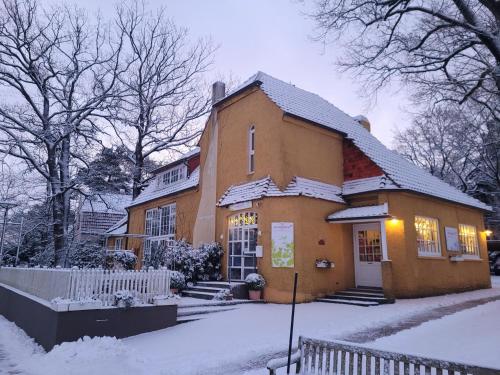 a house with snow on the ground in front of it at Apartment Atelierhaus Wencke in Worpswede