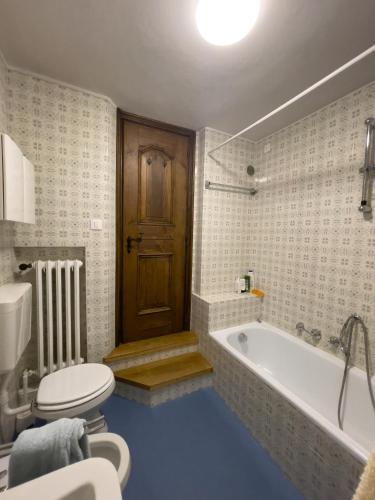 a bathroom with a toilet and a bath tub at I mughi - Cortina in Cortina dʼAmpezzo