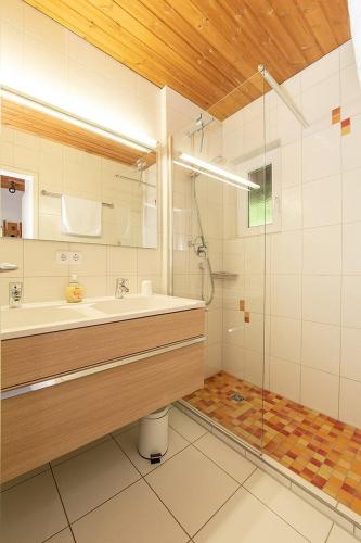 a bathroom with a sink and a shower at Ferienhäuser im Feriendorf Weissensee im Allgäu F2 in Füssen