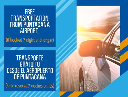 un volantino di un'auto con le parole "trasporto gratuito dall'aeroporto di pumiceota" di GRAND CARIBE STUDIOS and SUITES playa LOS CORALES a Punta Cana