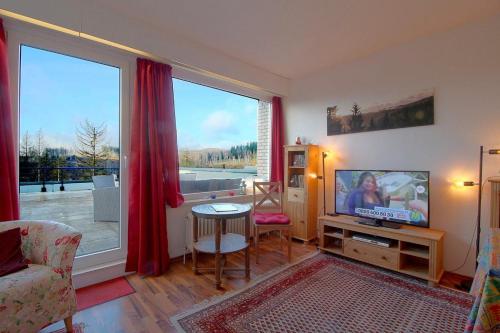 een woonkamer met een tv en een groot raam bij Apartment 631 in Hohegeiß