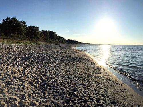 a sandy beach with the sun reflecting on the water at Sterntaucher in Klein Gelm