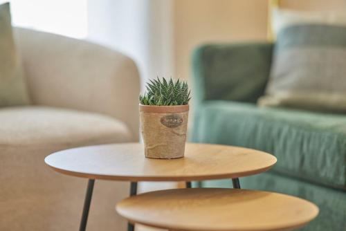 a small table with a potted plant on top of it at Neu!!! Moselbleibe Weingartenhaus in Bernkastel-Kues
