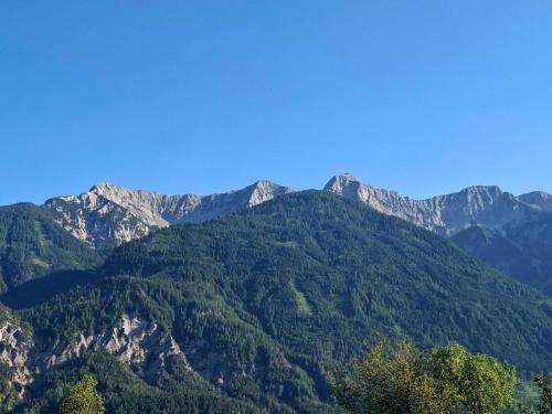 a mountain with trees and mountains in the background at Ferienwohnung Grünspecht in Dellach im Drautal