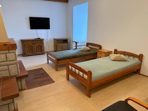 a room with two beds and a television in it at Agroturystyka pod Wieżą in Chojna