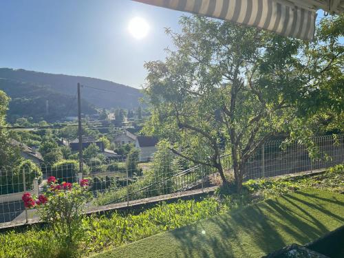 Una vista de una ciudad desde una colina con flores. en La Petite Baratte, en Beure
