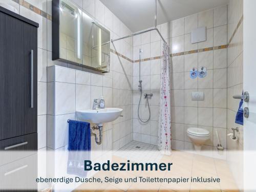 a bathroom with a sink and a shower and a toilet at Peenemünde, Seglerhafen ST Brig 02 & 04 in Peenemünde