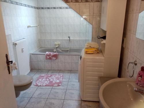 a bathroom with a bath tub and a sink at Ferienwohnungen Evers 55181 in Stallbrüggerfeld