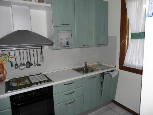 a small kitchen with green cabinets and a sink at Francesca in Isola Albarella