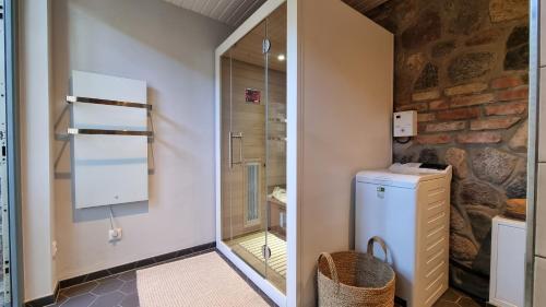 a bathroom with a walk in shower and a refrigerator at Am Rieck - Ferienhaus "GR 1904" in Zempin