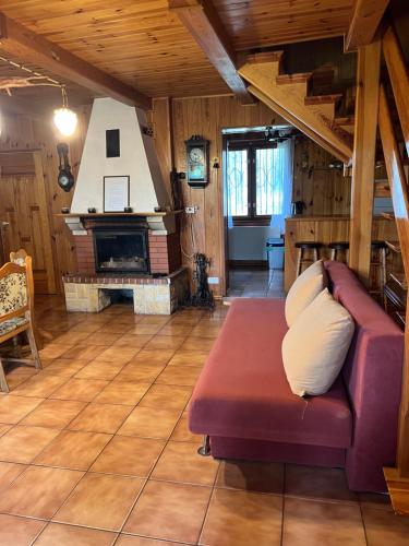 Una sala de estar con un sofá y una chimenea. en Domek w lesie, en Radogoszcz