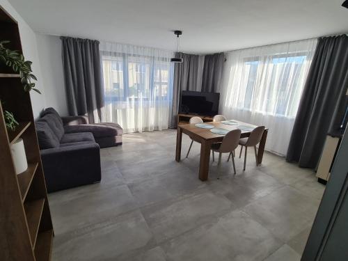 a living room with a table and a couch at Vibe Apartment in Sighetu Marmaţiei