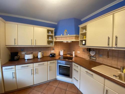 a kitchen with white cabinets and blue walls at Ferienwohnung Bunte Wiese in Parchtitz