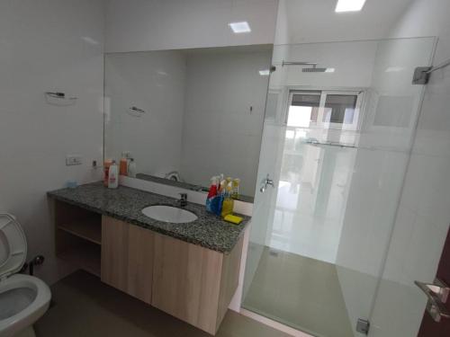a bathroom with a shower and a sink and a toilet at Espacio Confortable y Agradable, Atlantis in Santa Cruz de la Sierra