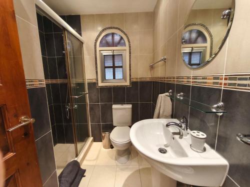a bathroom with a sink and a toilet and a mirror at Seabreeze Villa in Paphos