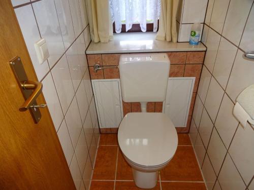 a small bathroom with a white toilet and a window at Ferienhaus Sylvia in Basedow in Basedow