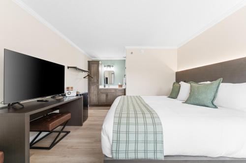 a bedroom with a large bed and a flat screen tv at Branson Falls Lodge in Branson