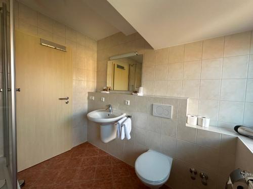 a bathroom with a sink and a toilet and a mirror at GER-Haus in Waischenfeld