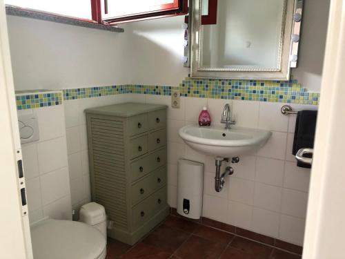 a bathroom with a sink and a toilet and a mirror at " Bernies Seeglück" in Penzlin