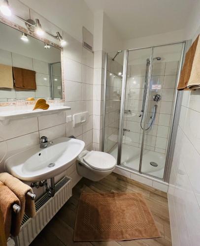 a bathroom with a toilet sink and a shower at Gästehaus Kleinbuch in Bad Wiessee