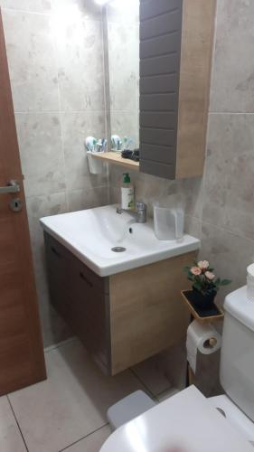 a bathroom with a sink and a toilet and a mirror at Tangier Beach Front in Tangier