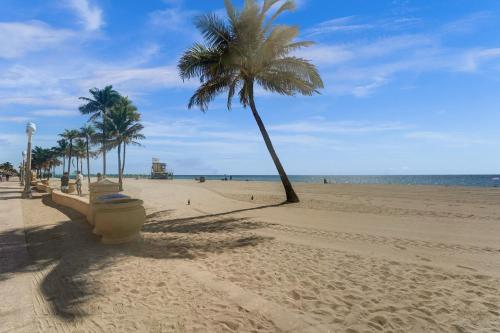 a sandy beach with palm trees and the ocean at Hotel Sheldon in Hollywood