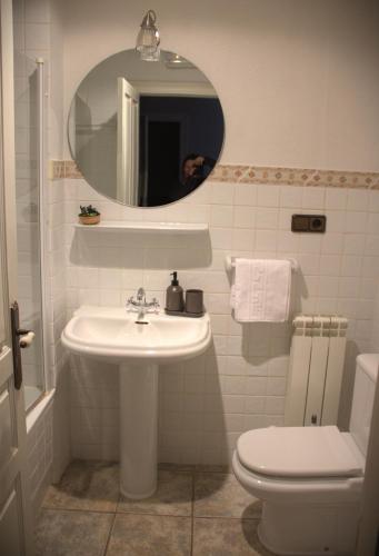 a bathroom with a sink and a mirror and a toilet at Casa Rural Las Bengoas in Alesanco