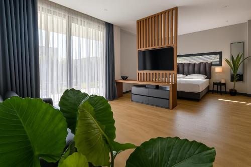 a living room with a television and a couch at Rosemarine Villas in Durrës