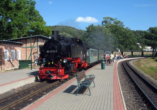 a train pulling into a train station with a bench at großes Ferienhaus mit Terrasse am Granitzwald in Blieschow