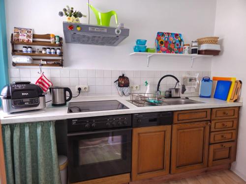 a kitchen with a stove and a sink at Ferienwohnung Martina in Hasselfelde