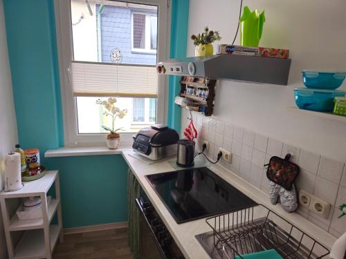 a small kitchen with a sink and a window at Ferienwohnung Martina in Hasselfelde