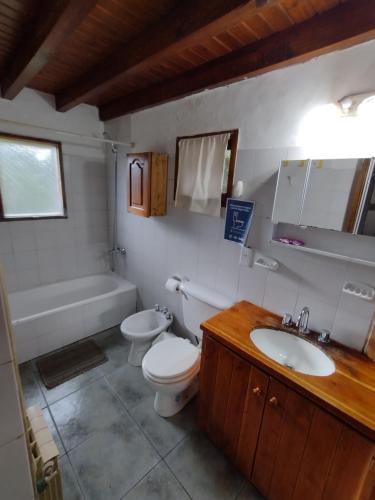 a bathroom with a toilet and a sink and a tub at Cipresales in Villa La Angostura