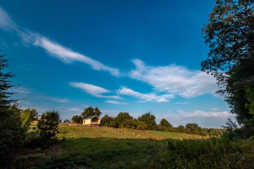 a barn on a hill in a field with a blue sky at LisHills in Umanʼ